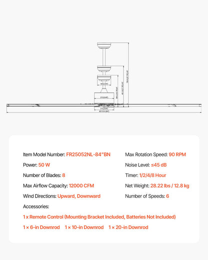VEVOR 213 cm Ceiling Fan No Light, 6-Speed Remote Control, Aluminum 8-Blade, Reversible DC Motor, Modern Low Profile Flush Mount Fan for Bedroom, Living Room, Patio, Indoor/Outdoor, Brushed Nickel